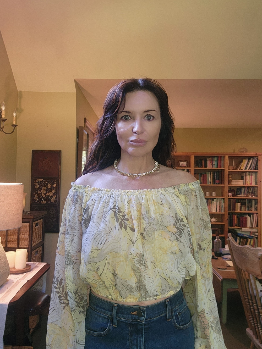 Off-Shoulder Floral Peasant Top in Pale Yellow